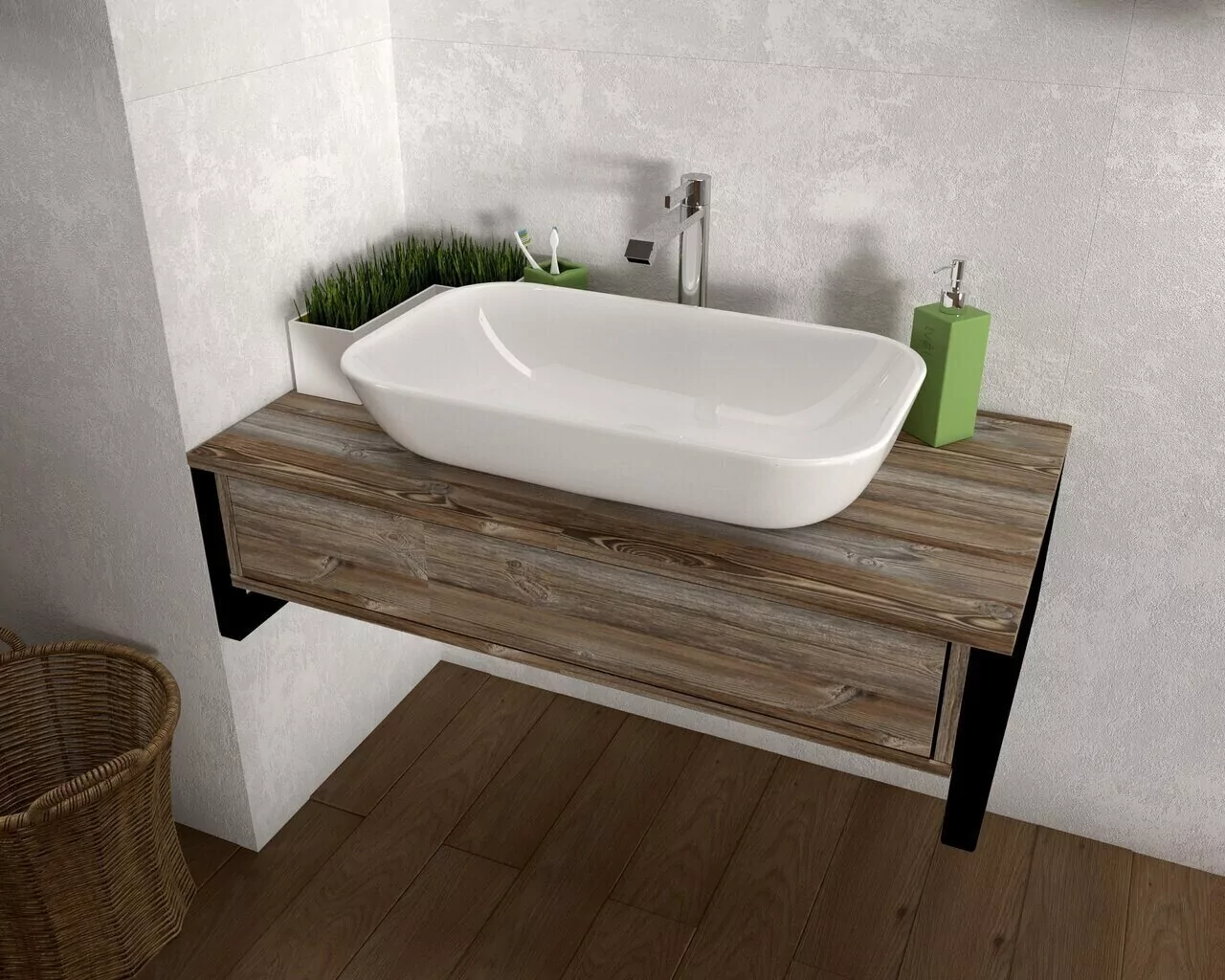 Тумба подвесная 1Marka Grunge loft 100П с раковиной Roll 53, 1 ящик, дуб намибия