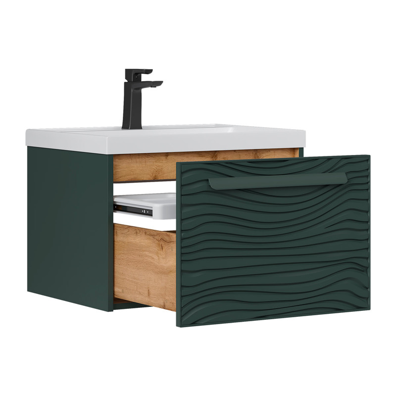 Тумба с раковиной EQUIL Gleam 60 подвесная, 1 ящик, зеленый камень/дуб вотан
