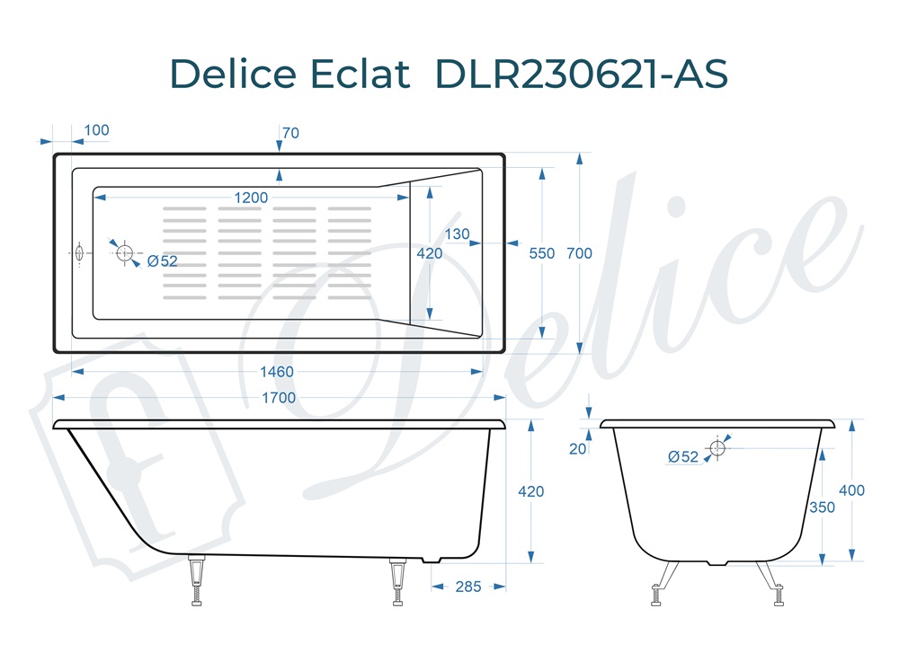 Ванна чугунная Delice Eclat 170х70 DLR230621-AS с антискользящим покрытием