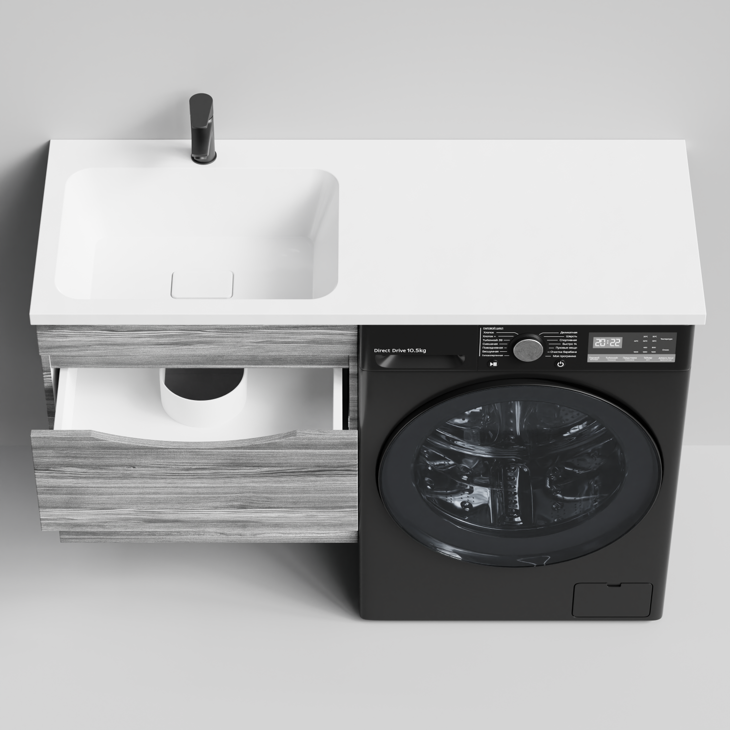 Тумба Vod-ok 58 с раковиной Смайл 120 подвесная, под стиральную машину, левая, Лиственница структурная контрастно-серая