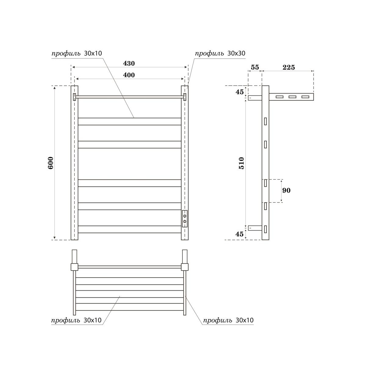 Полотенцесушитель электрический APEXTERMO Terra TR01164BM 600x400 с полкой, черный матовый