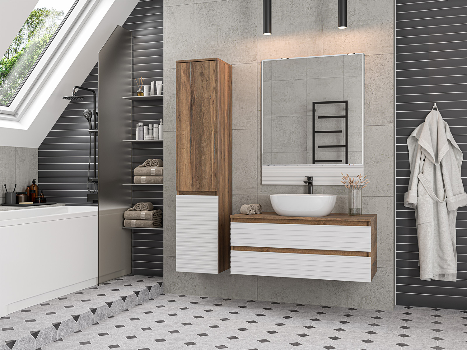 Пенал Brevita Dakota 35 напольный/подвесной, L, белый/дуб галифакс олово