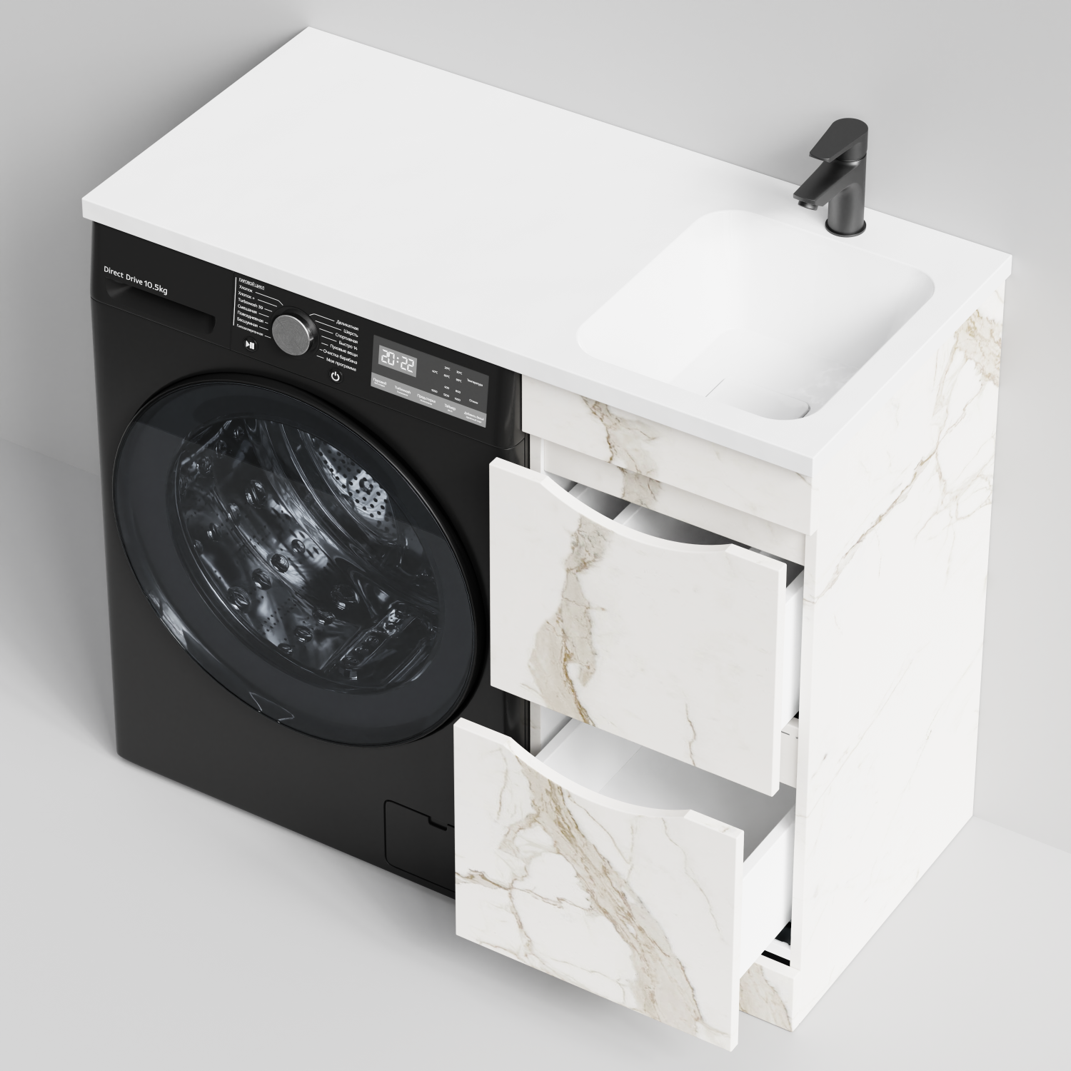 Тумба Vod-ok 38 с раковиной Смайл 100 напольная, под стиральную машину, правая, Мрамор Белый натур милк