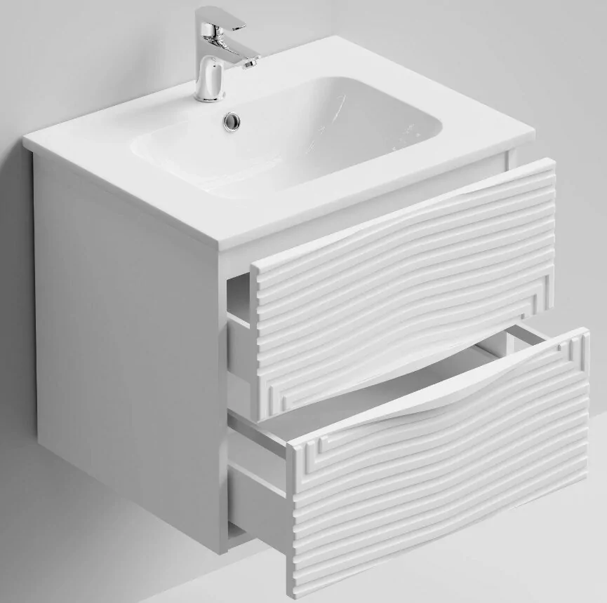 Тумба с раковиной Vod-ok Elite Эйфория 60 F5 волна линии, подвесная, два ящика, белый матовый