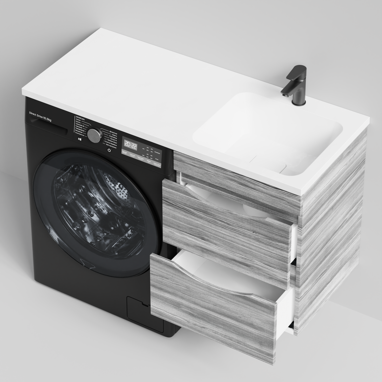 Тумба Vod-ok 48 с раковиной Смайл 110 подвесная, под стиральную машину, правая, Лиственница структурная контрастно-серая