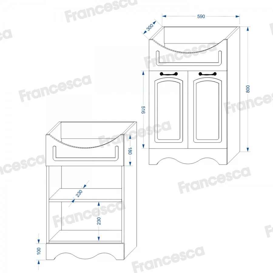 Тумба с раковиной Francesca Империя 60 напольная, 2 ящика, 2 двери, белая