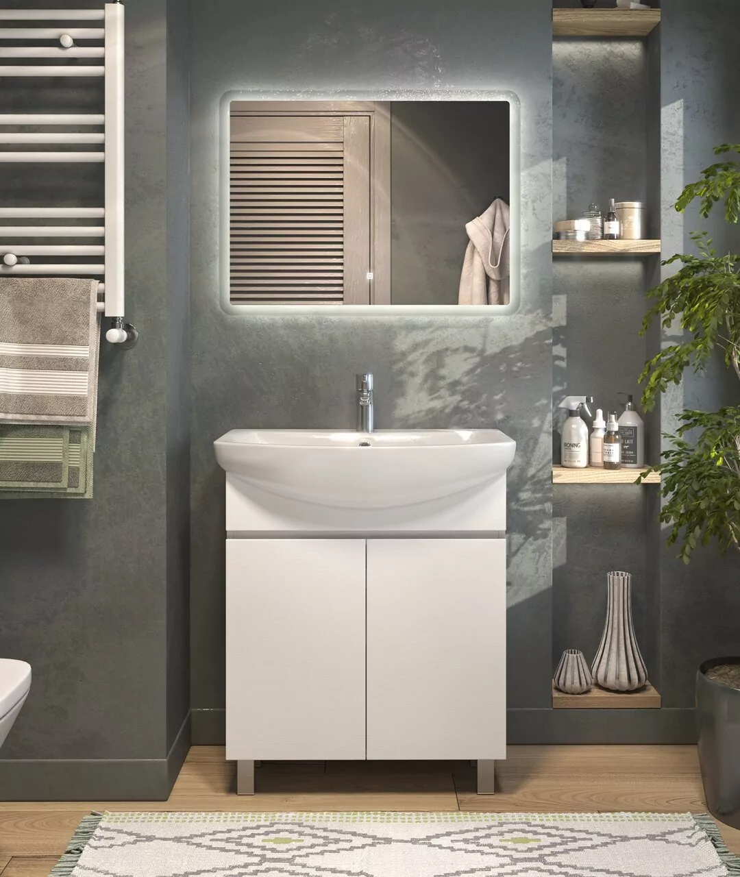 Тумба напольная Vigo Wing 70 с раковиной Балтика 70, 2 двери, белый