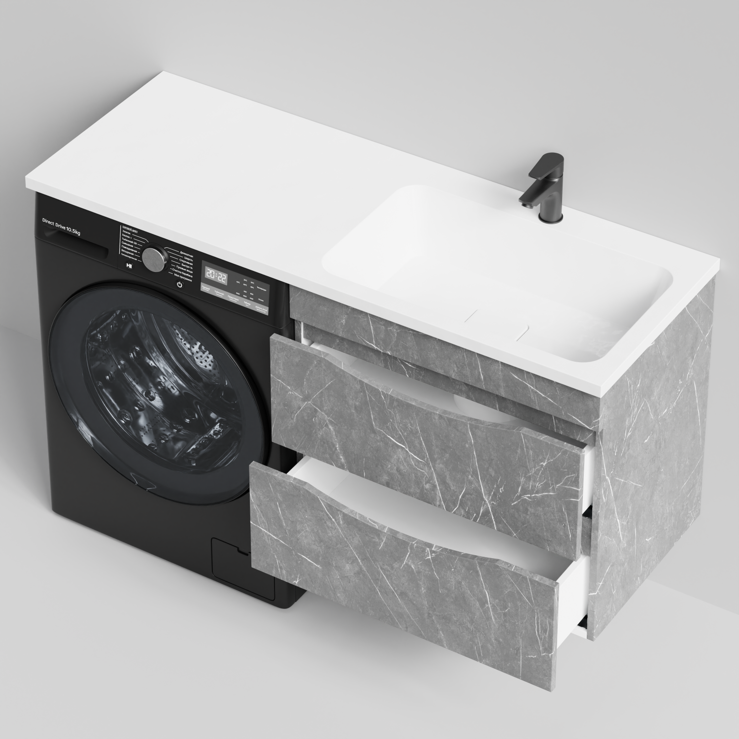 Тумба Vod-ok 68 с раковиной Смайл 130 подвесная, под стиральную машину, правая, Мрамор Серый софт тач