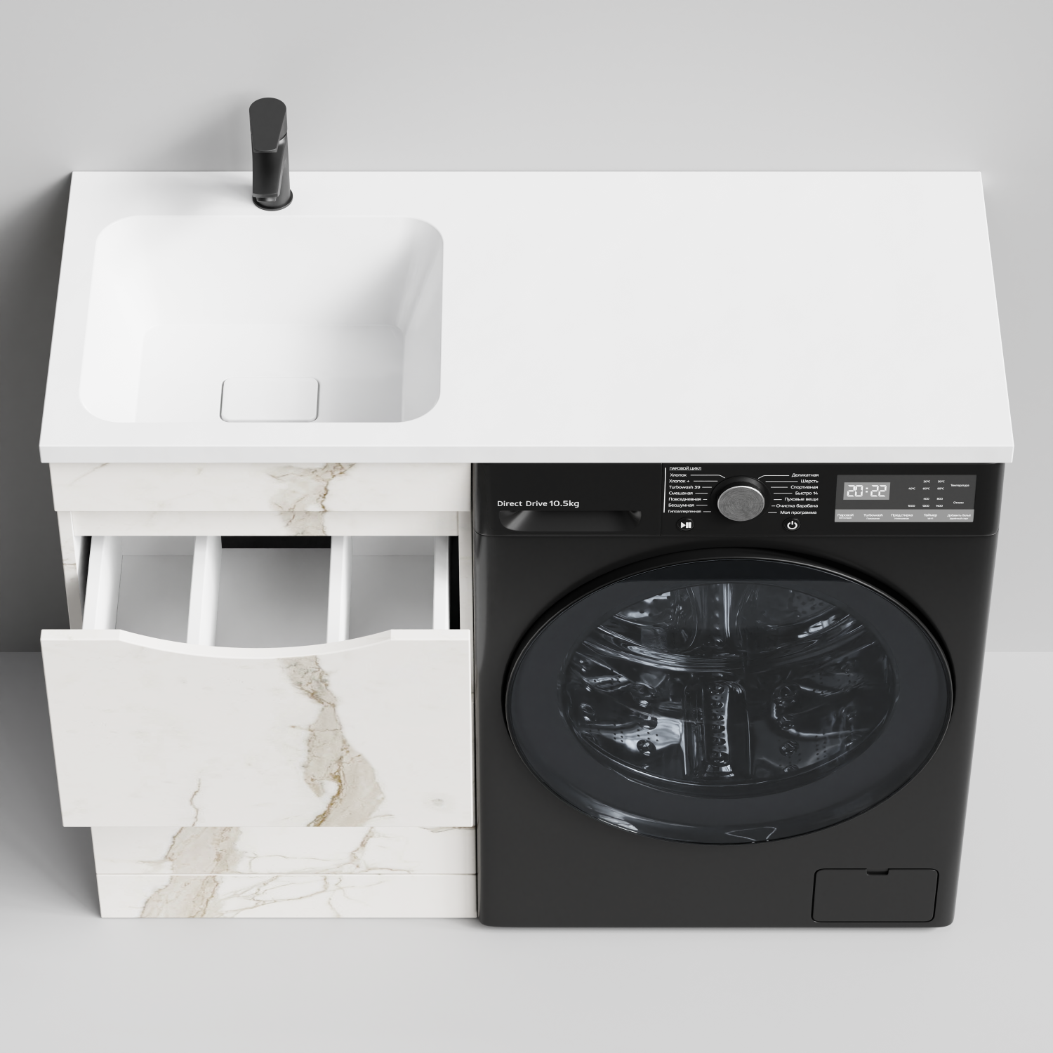 Тумба Vod-ok 48 с раковиной Смайл 110 напольная, под стиральную машину, левая, Мрамор Белый натур милк