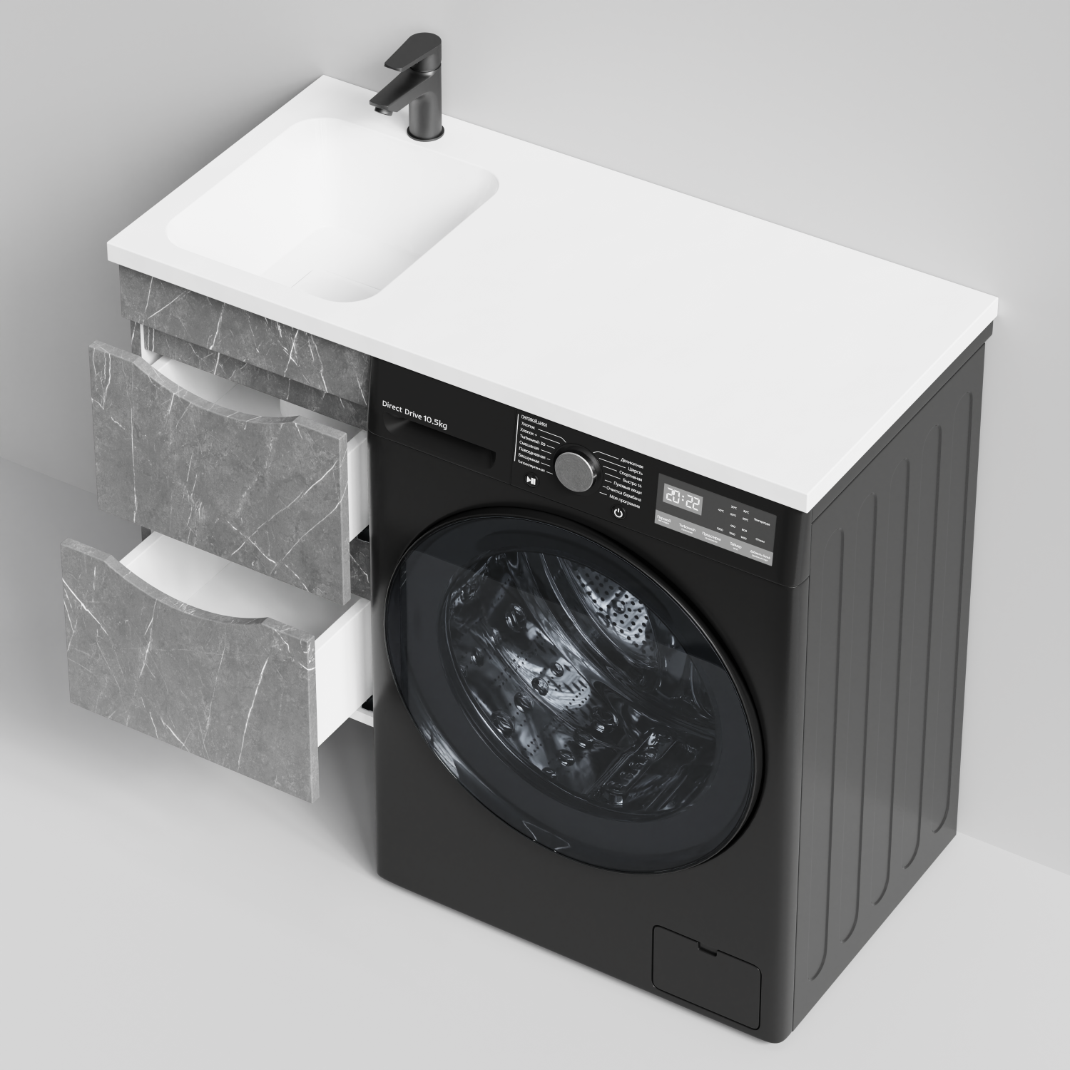 Тумба Vod-ok 38 с раковиной Смайл 100 подвесная, под стиральную машину, левая, Мрамор Серый софт тач