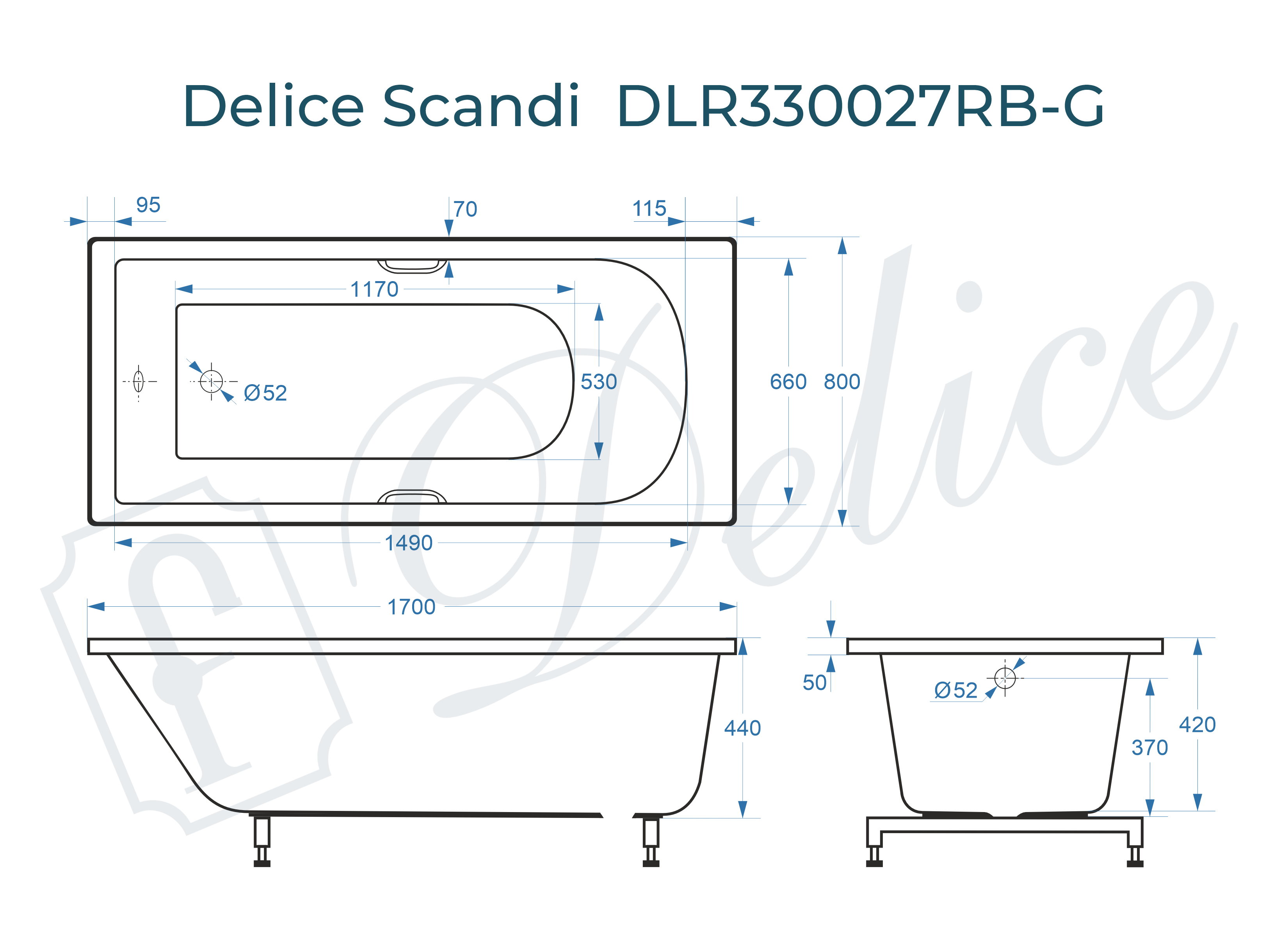 Ванна из литьевого мрамора Delice Scandi 170х80 глянцевая с черными ручками DLR330027RB-G