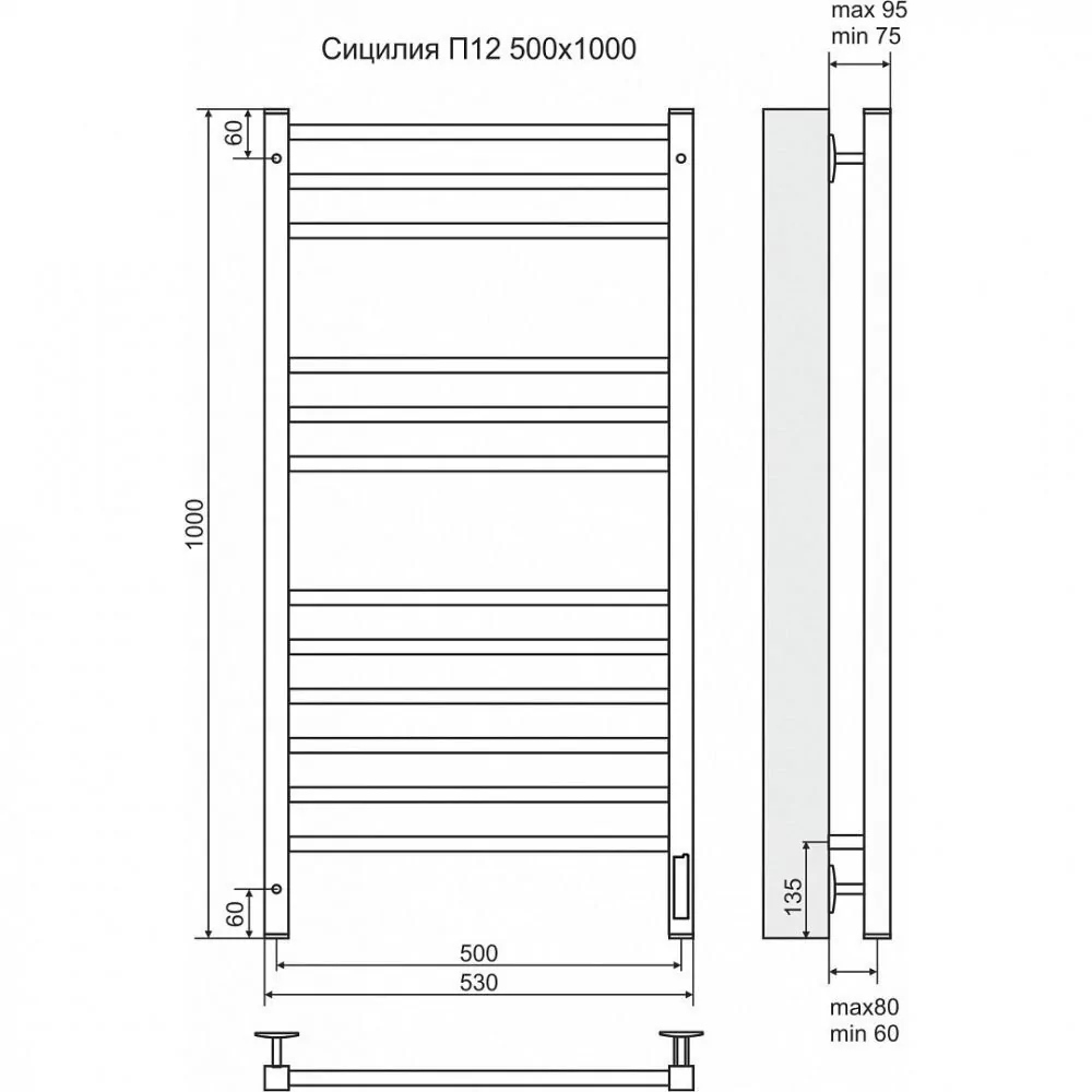 Полотенцесушитель электрический Terminus Сицилия П12 500х1000 quick touch, правый