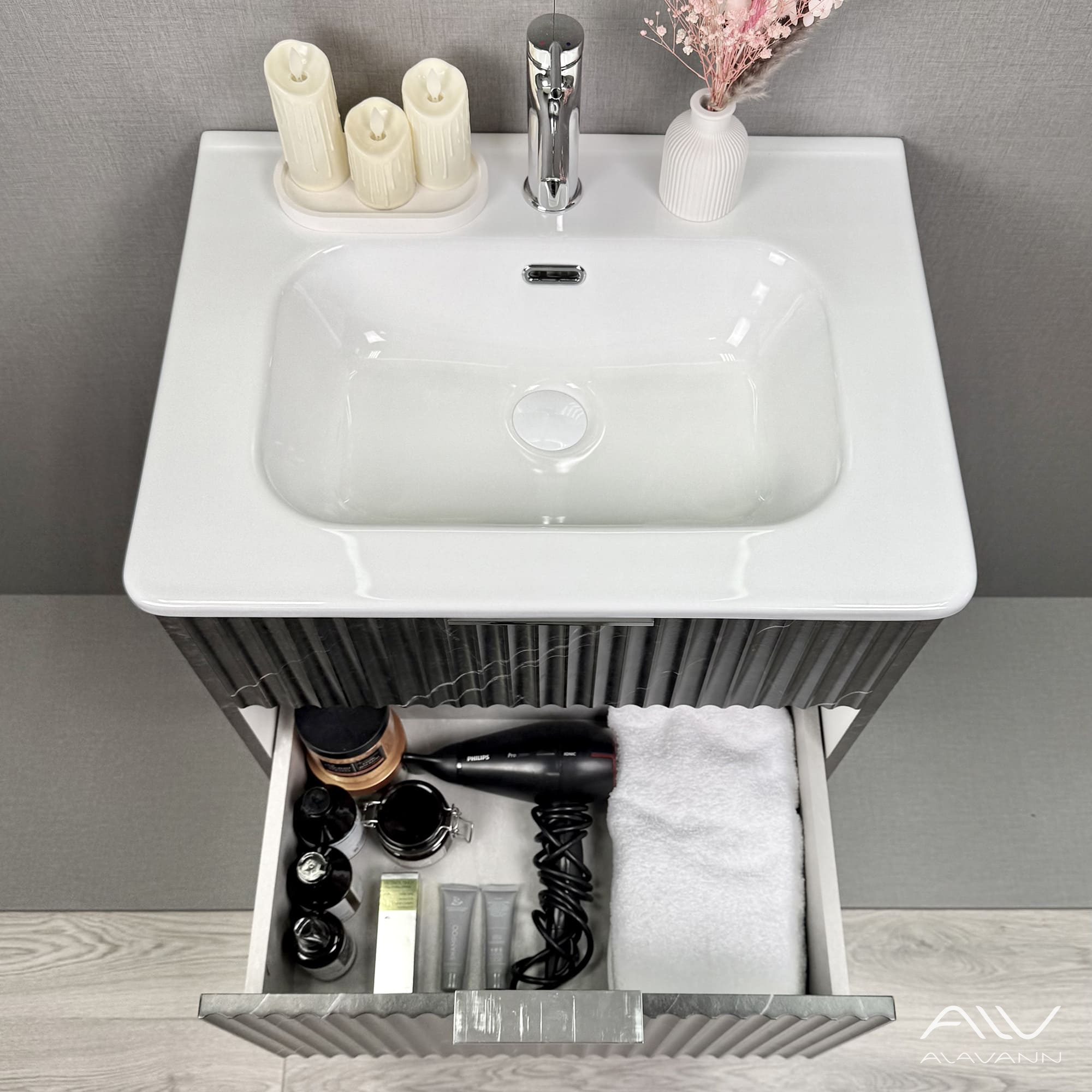 Тумба подвесная Alavann Anna 60 с раковиной Rado 60, черный мрамор