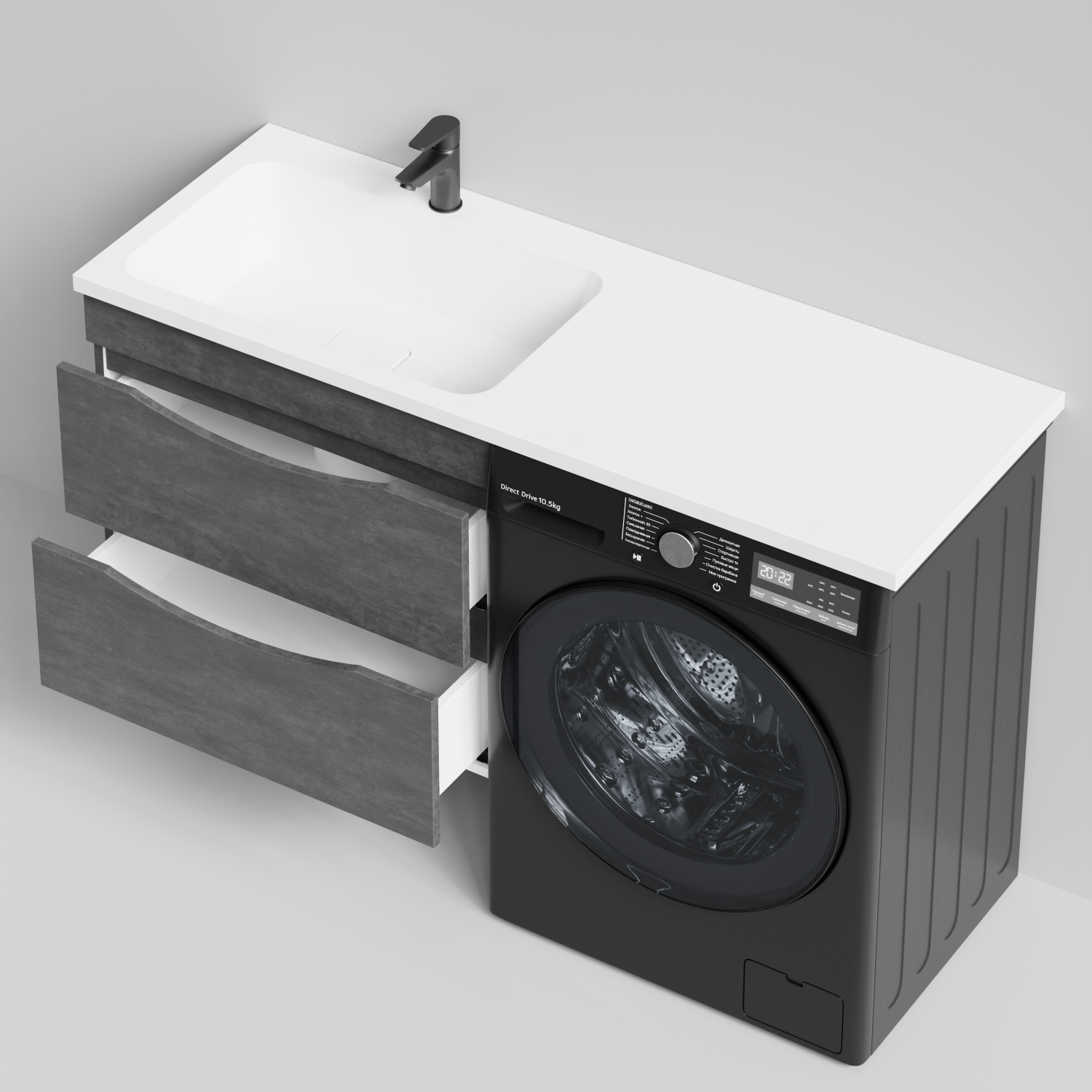 Тумба Vod-ok 68 с раковиной Смайл 130 подвесная, под стиральную машину, левая, Серый камень