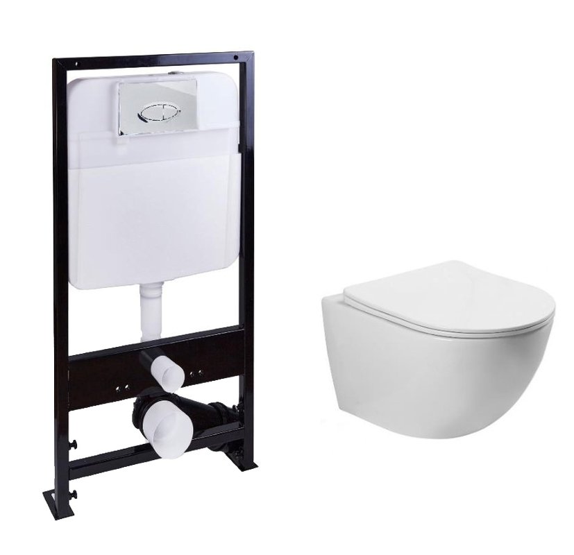 Унитаз подвесной SantiLine SL-5005T+SL-01 с инсталляцией и кнопкой, белый