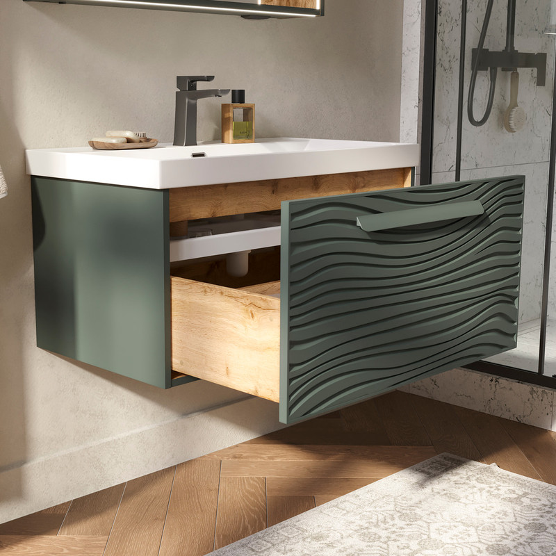 Тумба с раковиной EQUIL Gleam 80 подвесная, 1 ящик, зеленый камень/дуб вотан