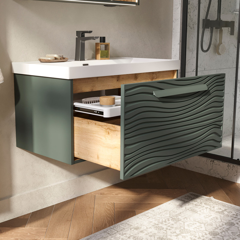 Тумба с раковиной EQUIL Gleam 80 подвесная, 1 ящик, зеленый камень/дуб вотан
