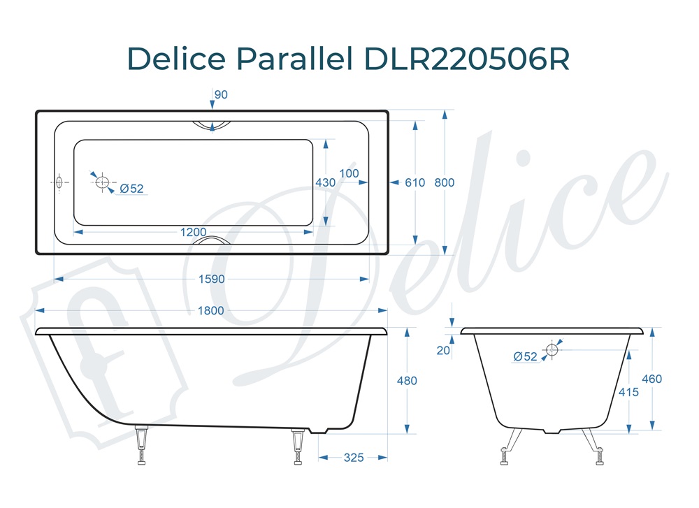 Ванна чугунная Delice Parallel 180х80 DLR220506RB с черными матовыми ручками