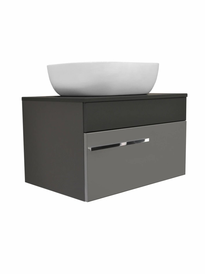 Тумба подвесная Runo Вудлайн 65 с раковиной Bella 41 квадратная, темно-серый/серый