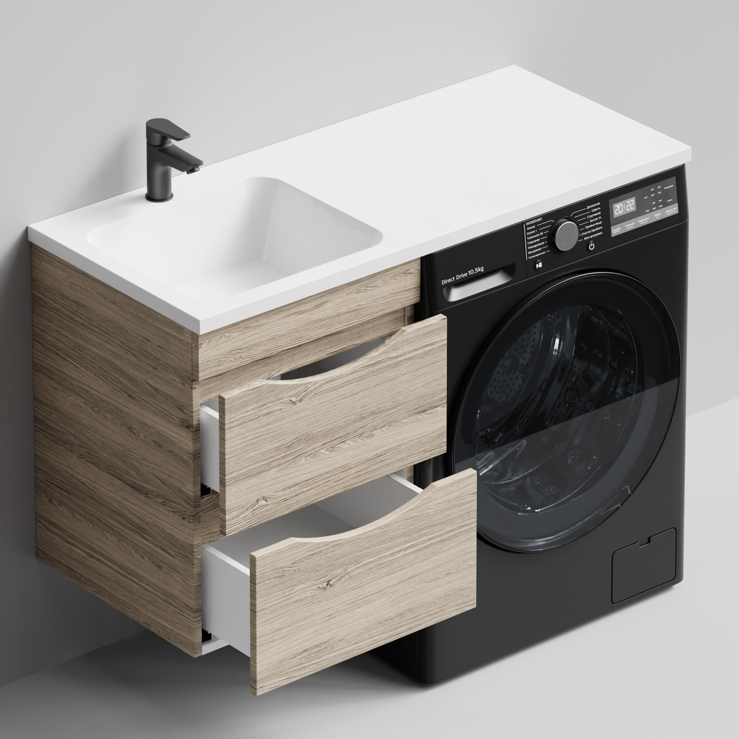 Тумба Vod-ok 48 с раковиной Смайл 110 подвесная, под стиральную машину, левая, Дубослив ореховый светлый