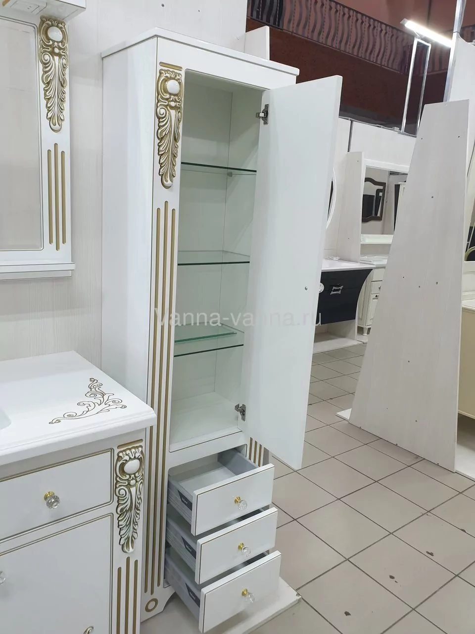 Пенал Vod-ok Elite Версаль 50 H152 L/R напольный, 1 дверь, белый, патина серебро/золото