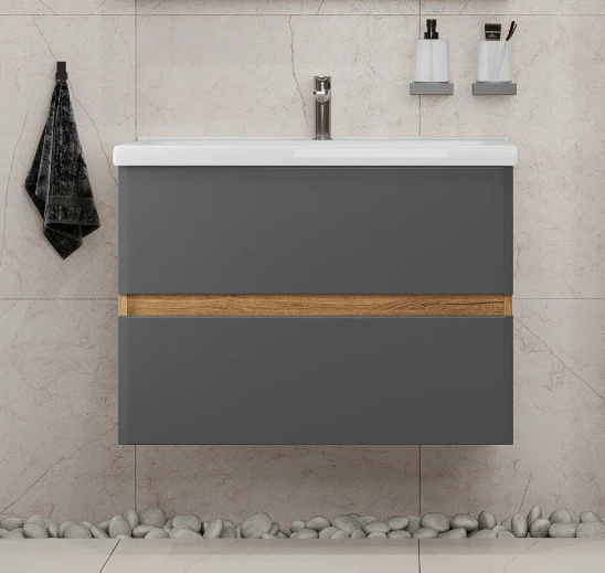 Тумба подвесная SanStar Graffa 80 с раковиной Миранда 80 Дуб вотан, графит софт