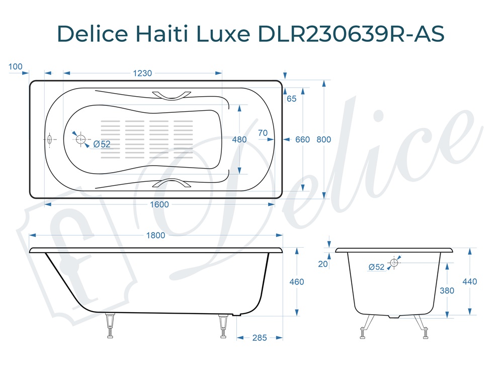 Ванна чугунная Delice Haiti Luxe 180х80 DLR230639R-AS с отверстиями под ручки и антискользящим покрытием