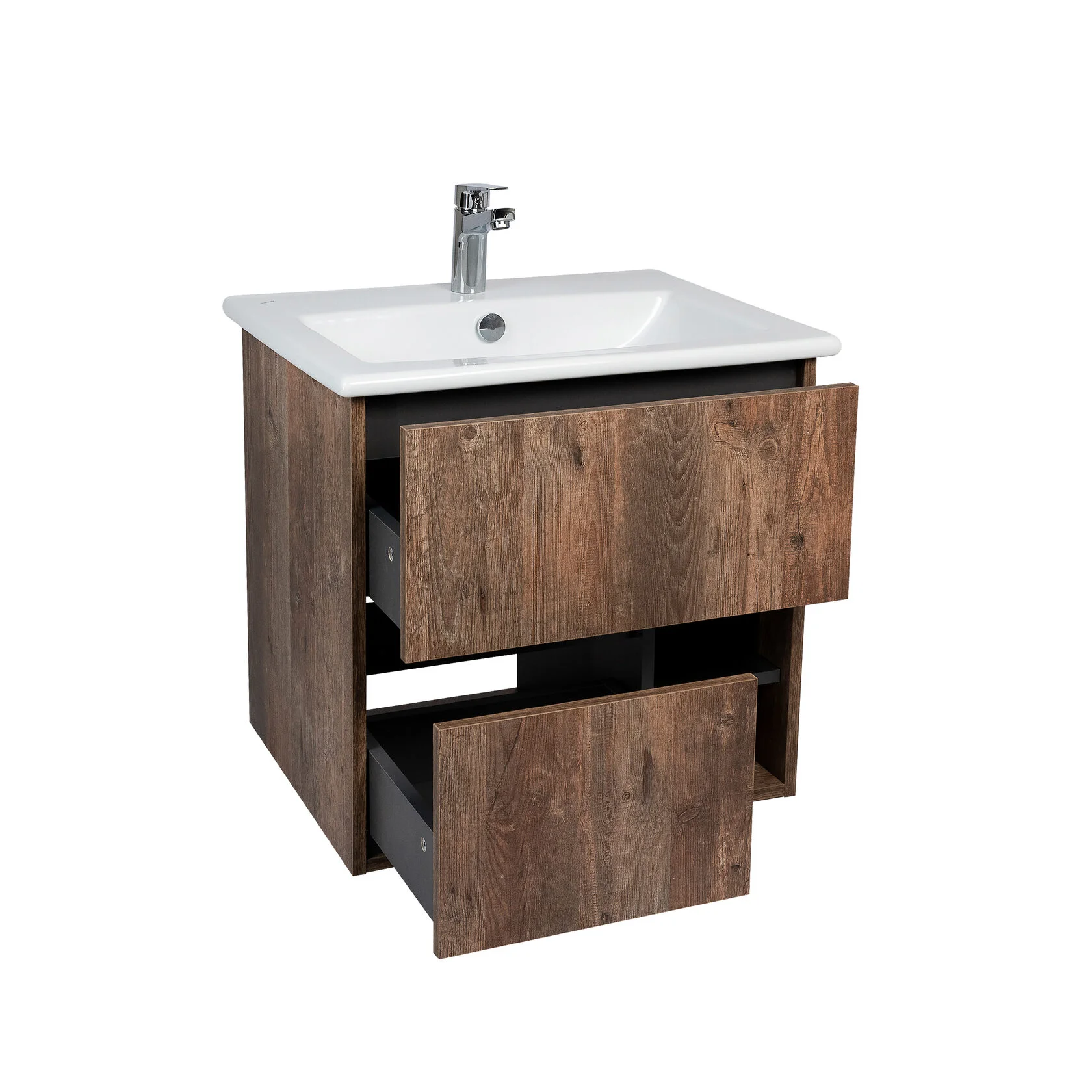 Тумба подвесная Viant Люксембург 75 с раковиной Элина 75, два ящика, темное дерево