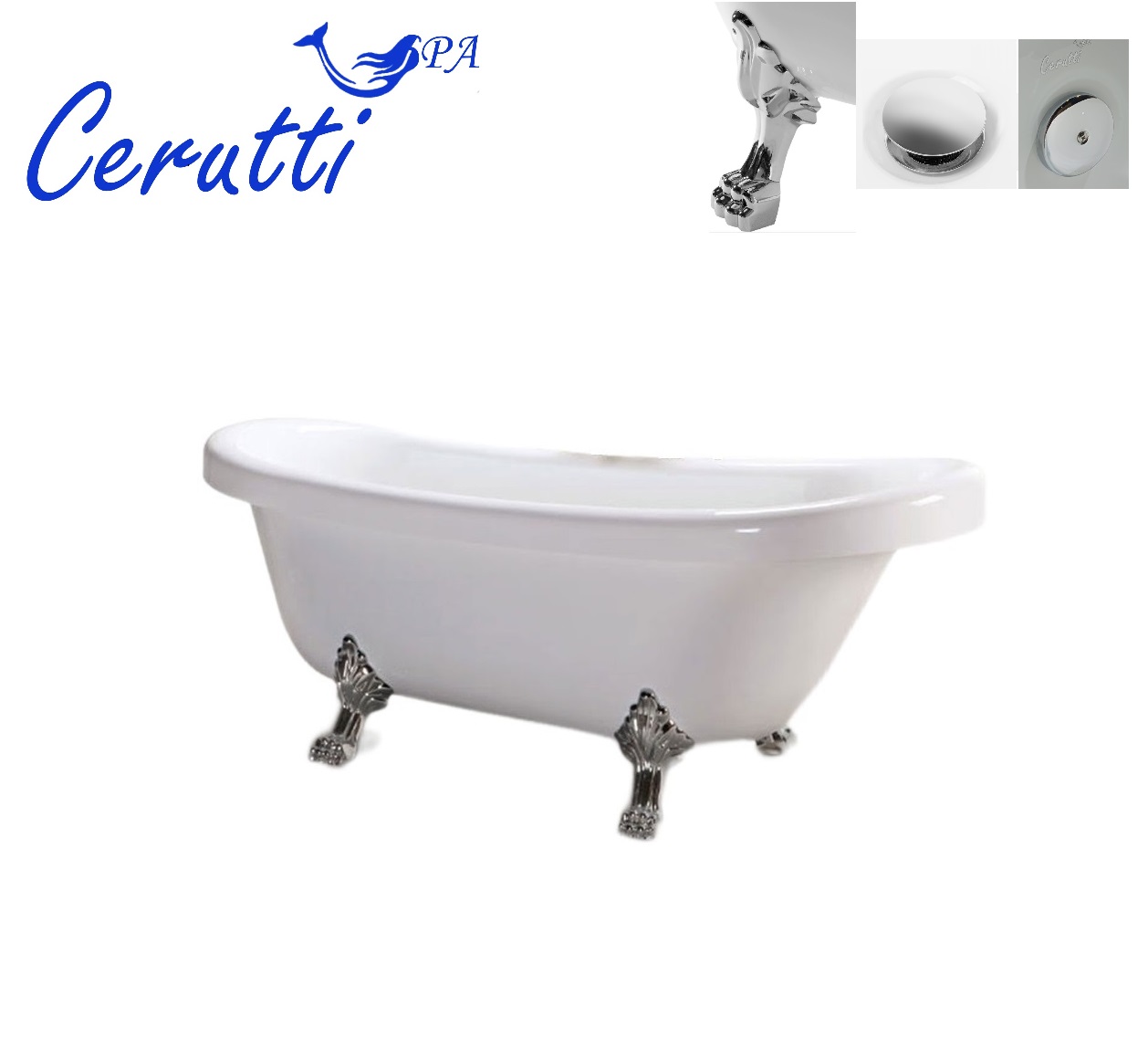 Ванна акриловая Cerutti Spa CLASSIC 150 отдельностоящая (1570x770x740) на львиных алюминиевых лапах (хром)