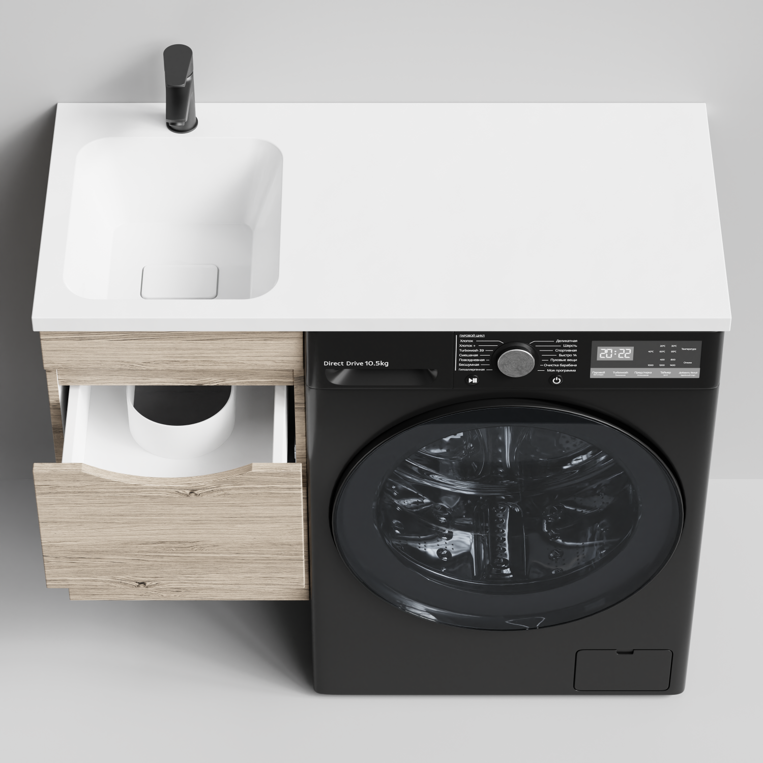 Тумба Vod-ok 38 с раковиной Смайл 100 подвесная, под стиральную машину, левая, Дубослив ореховый светлый