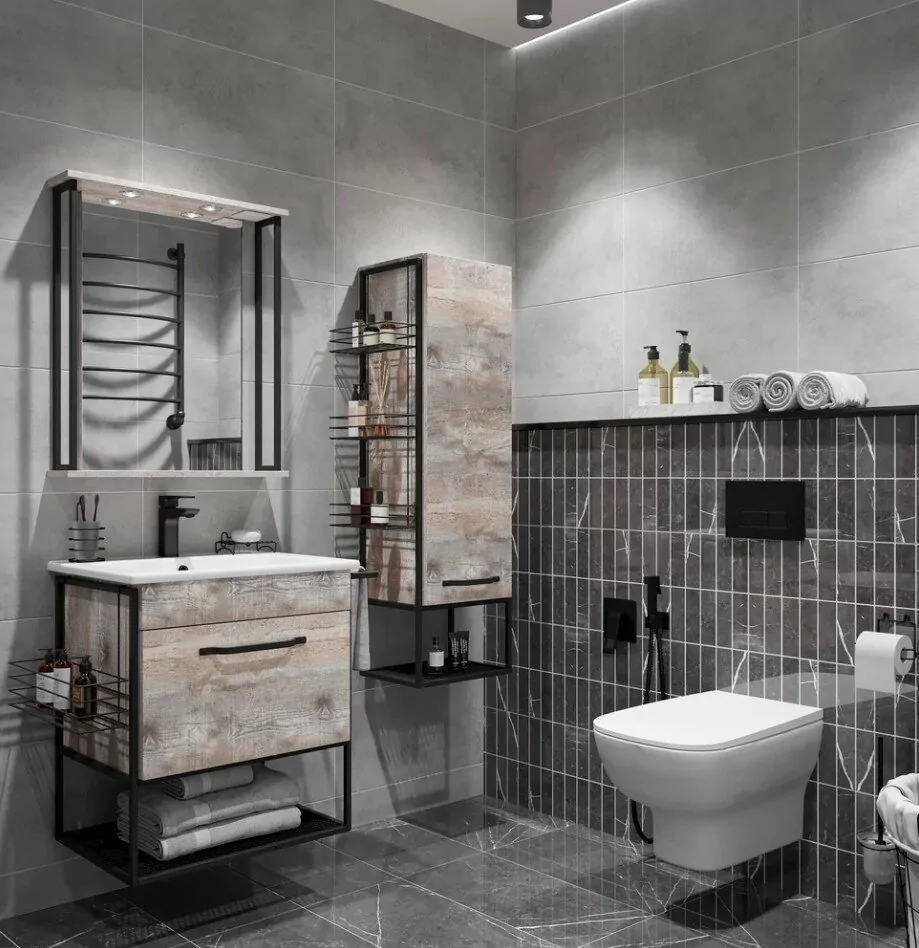 Пенал Sanflor Бруклин 50 L/R подвесной, с открытой полкой, бетон пайн, экзотик