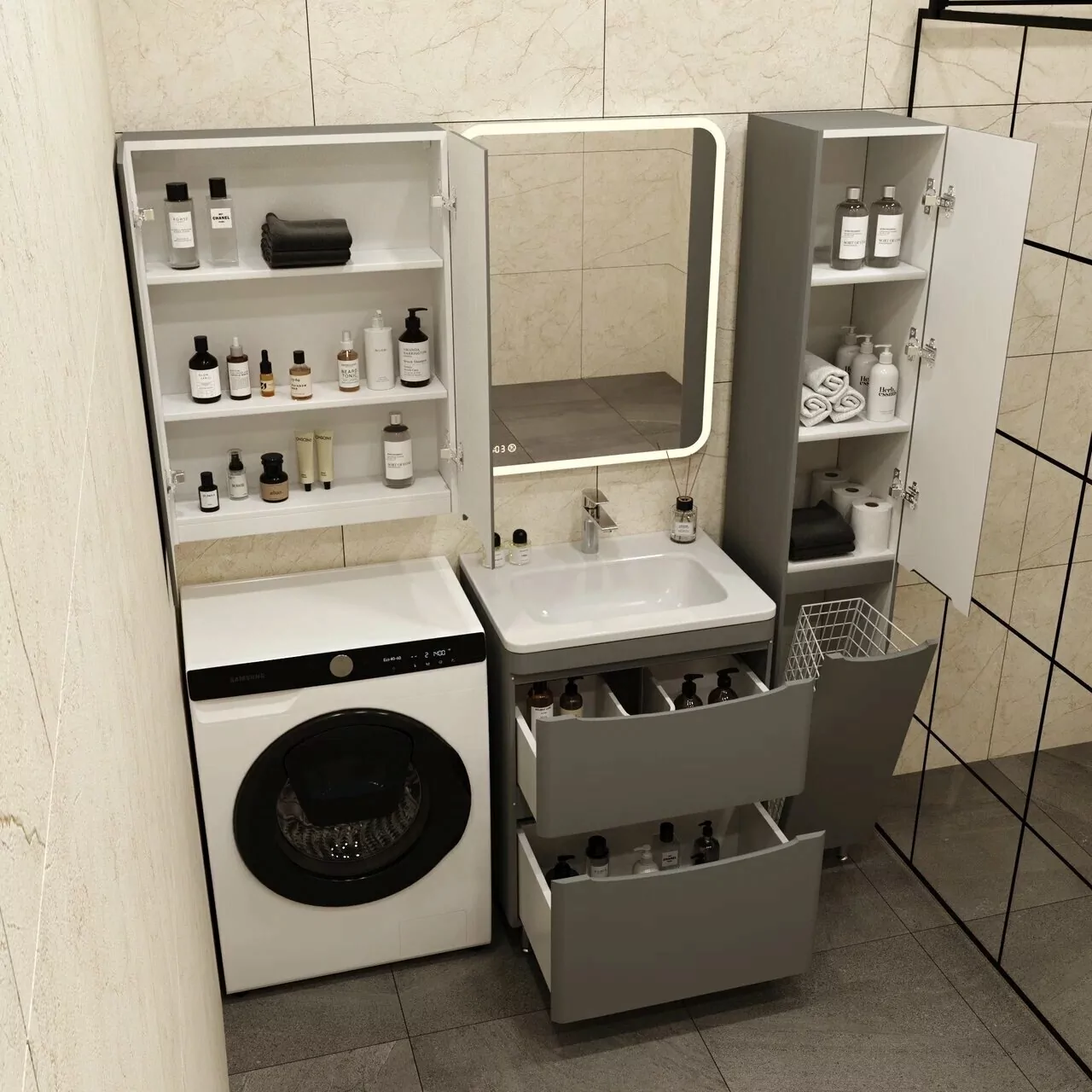 Пенал Style Line Бергамо 30 R напольный, с корзиной, серый матовый