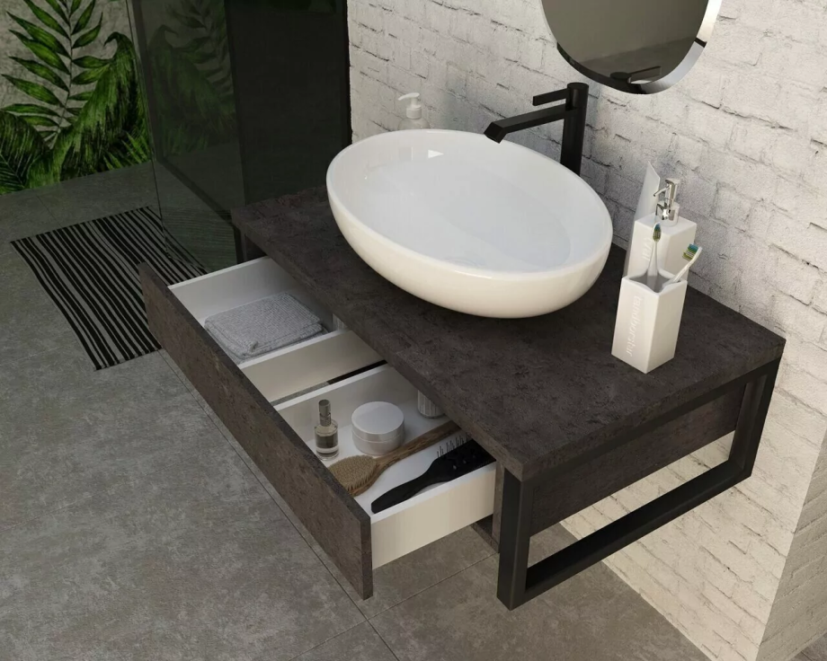 Тумба подвесная 1Marka Grunge loft 100П с раковиной Roll 53, 1 ящик, бетон темно-серый