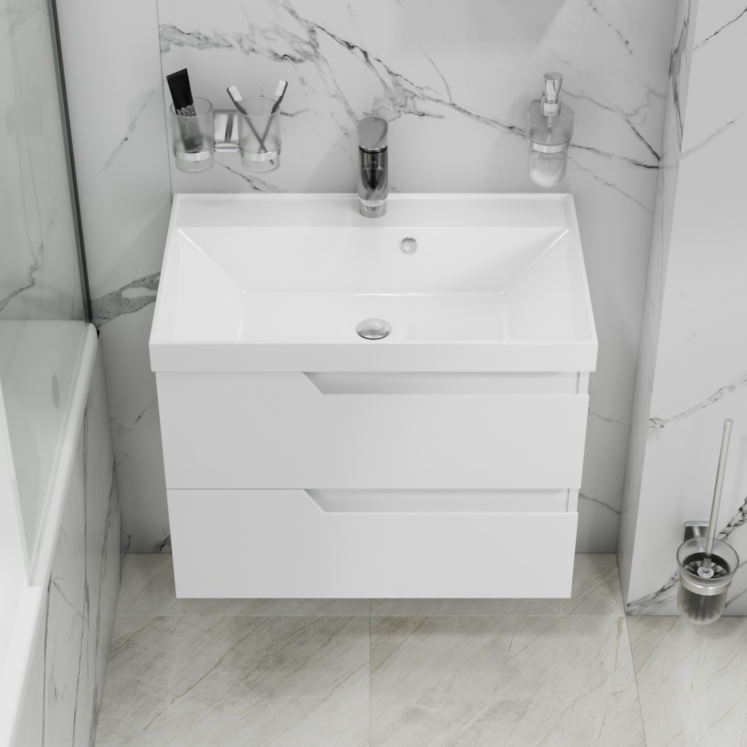 Тумба подвесная Санта Антарес 70 с раковиной Астория 70, 2 ящика, белый