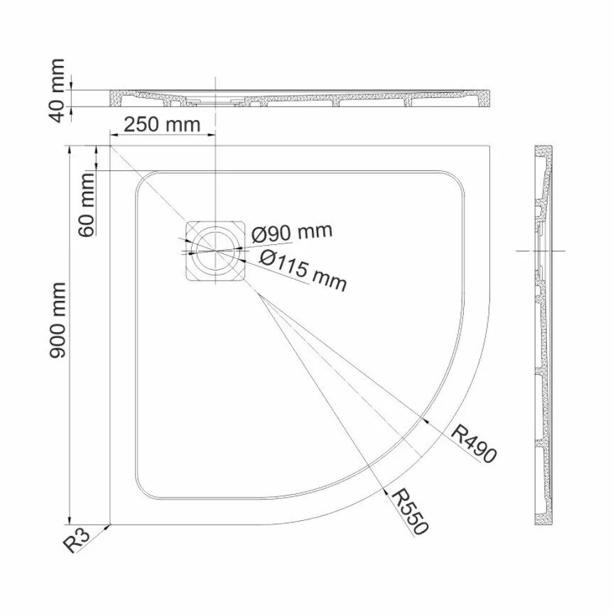 Поддон для душа WasserKraft Rhin 44T01 90х90 полукруглый, из искусственного камня, белый мрамор