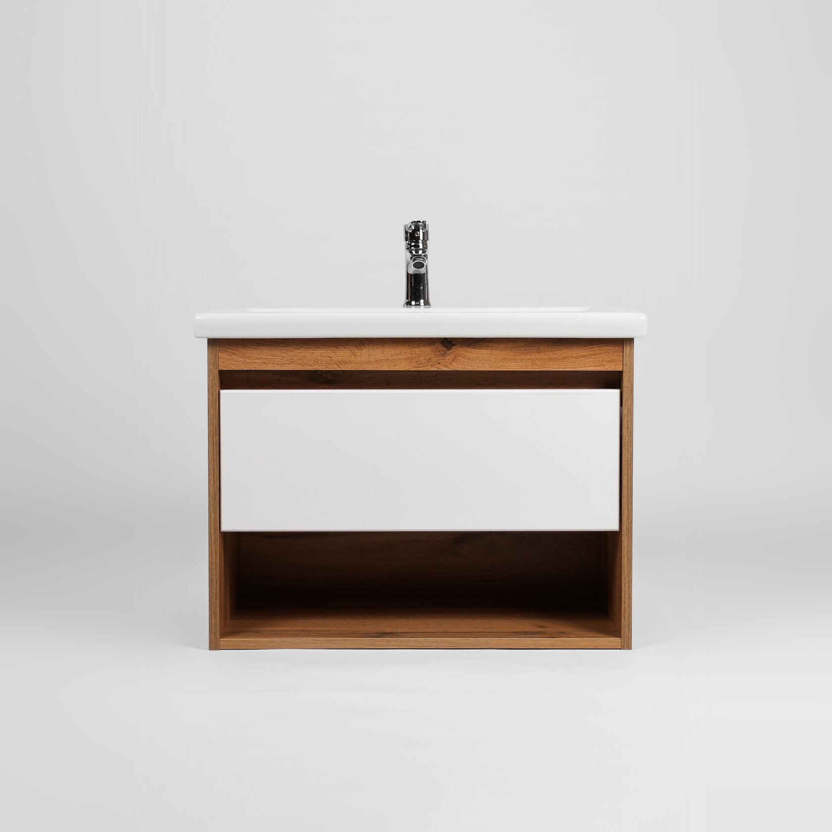 Тумба подвесная Viant Бостон 70 с раковиной Como 70, 1 ящик, белый/дуб вотан
