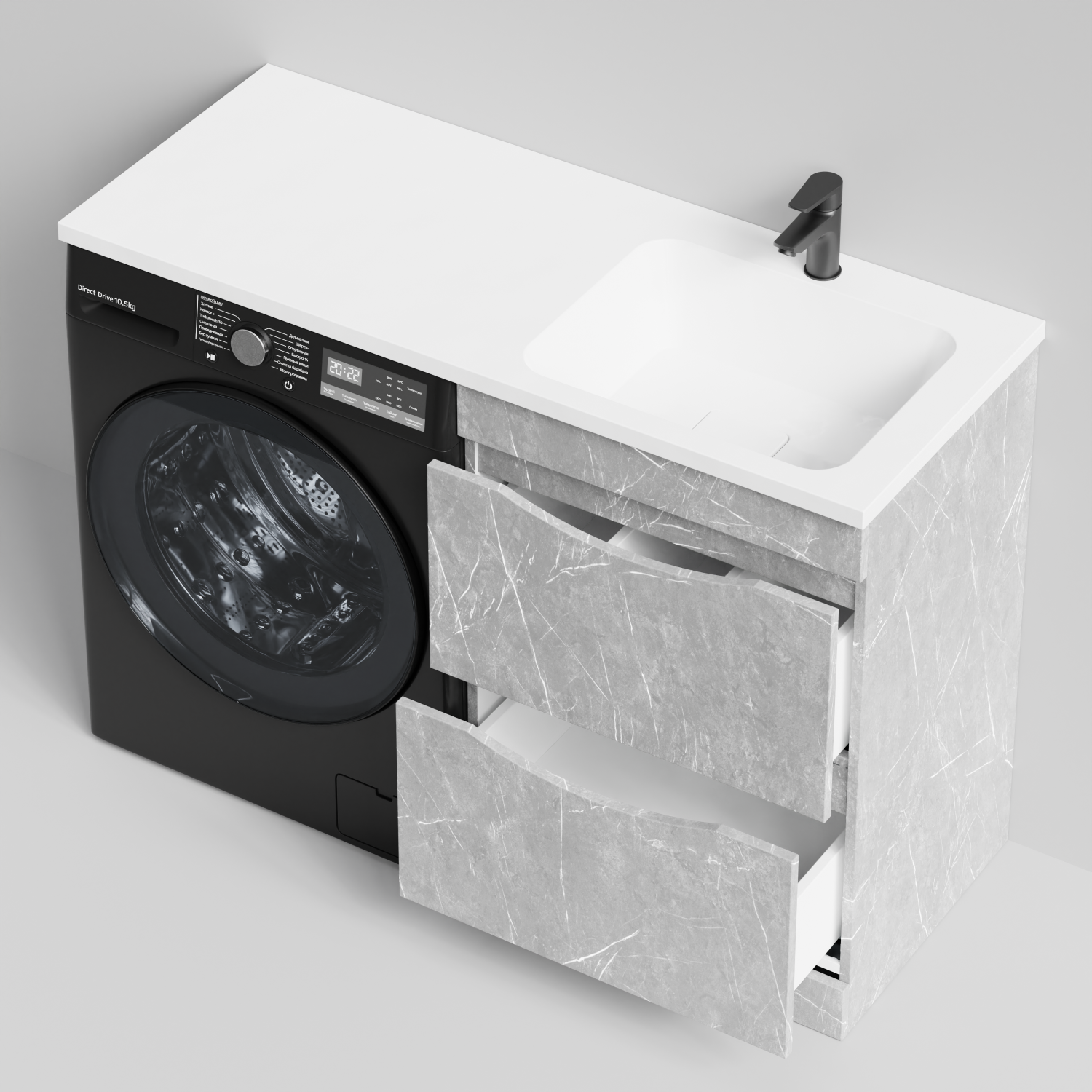 Тумба Vod-ok 58 с раковиной Смайл 120 напольная, под стиральную машину, правая, Мрамор Белый софт тач