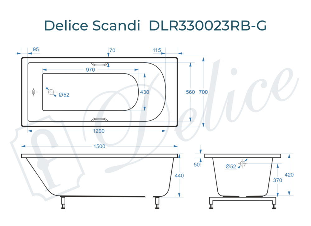 Ванна из литьевого мрамора Delice Scandi 150х70 глянцевая с черными ручками DLR330023RB-G от магазина Vanna-Vanna.ru!