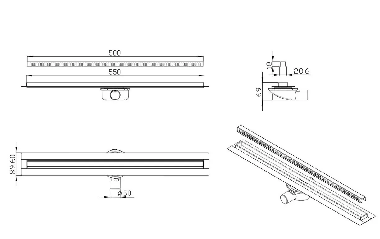 Душевой лоток ALMAes Bajo 500 BG50CH с решеткой, хром