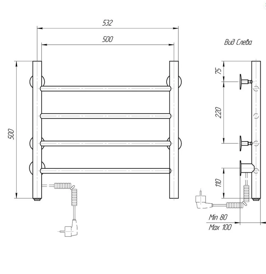 Полотенцесушитель электрический Domoterm Классик 109-4 50х50 EK L левый, хром