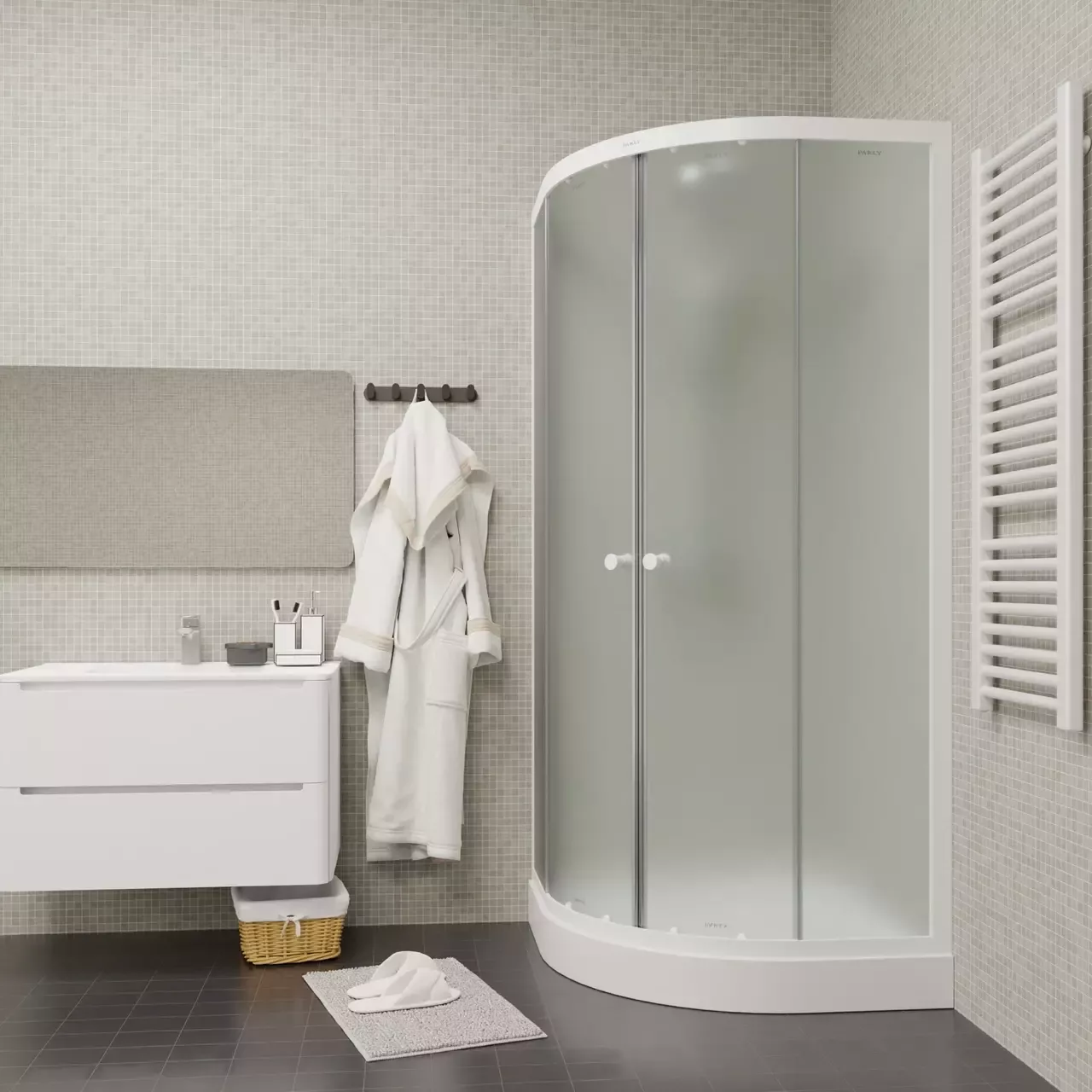 Душевой уголок Parly ZF91 полукруглый 1/4, с низким поддоном, матовое стекло, белый Душевой уголок Parly ZF91 полукруглый 1/4, с низким поддоном, матовое стекло, белый