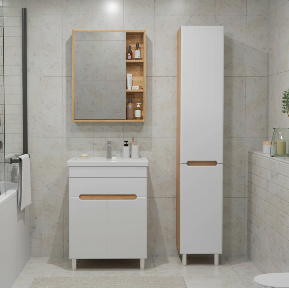 Тумба напольная SanStar Модена 50 с раковиной Фостер 50, белая, дуб вотан