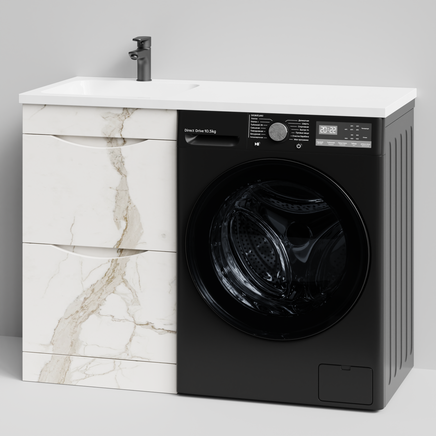 Тумба Vod-ok 48 с раковиной Смайл 110 напольная, под стиральную машину, левая, Мрамор Белый натур милк