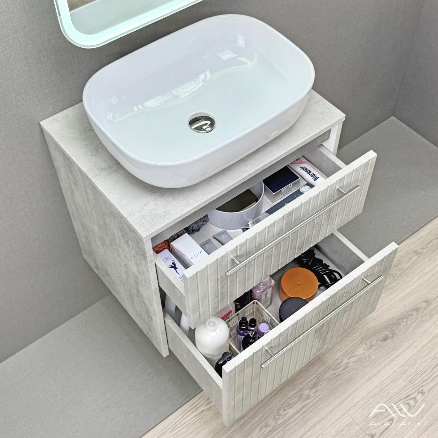 Тумба подвесная Alavann Emma 60 с раковиной Moduo 50 SQUARE, серый бетон