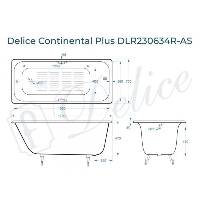 Ванна чугунная Delice Continental PLUS 170х70 DLR230634R-AS прямоугольная, с отверстиями под ручки и антискользящим покрытием