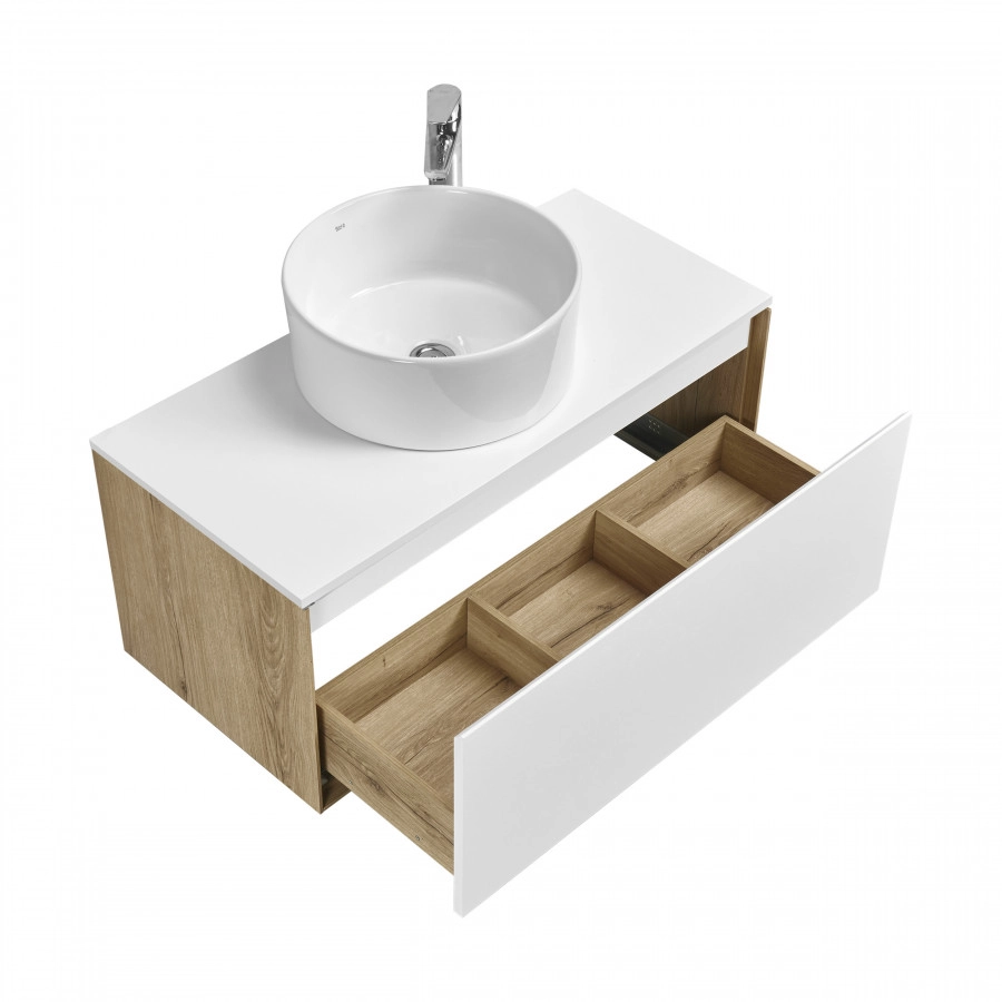 Тумба подвесная AQUATON Либерти 90, столешница белая, раковина MILA 40, дуб эльвезия