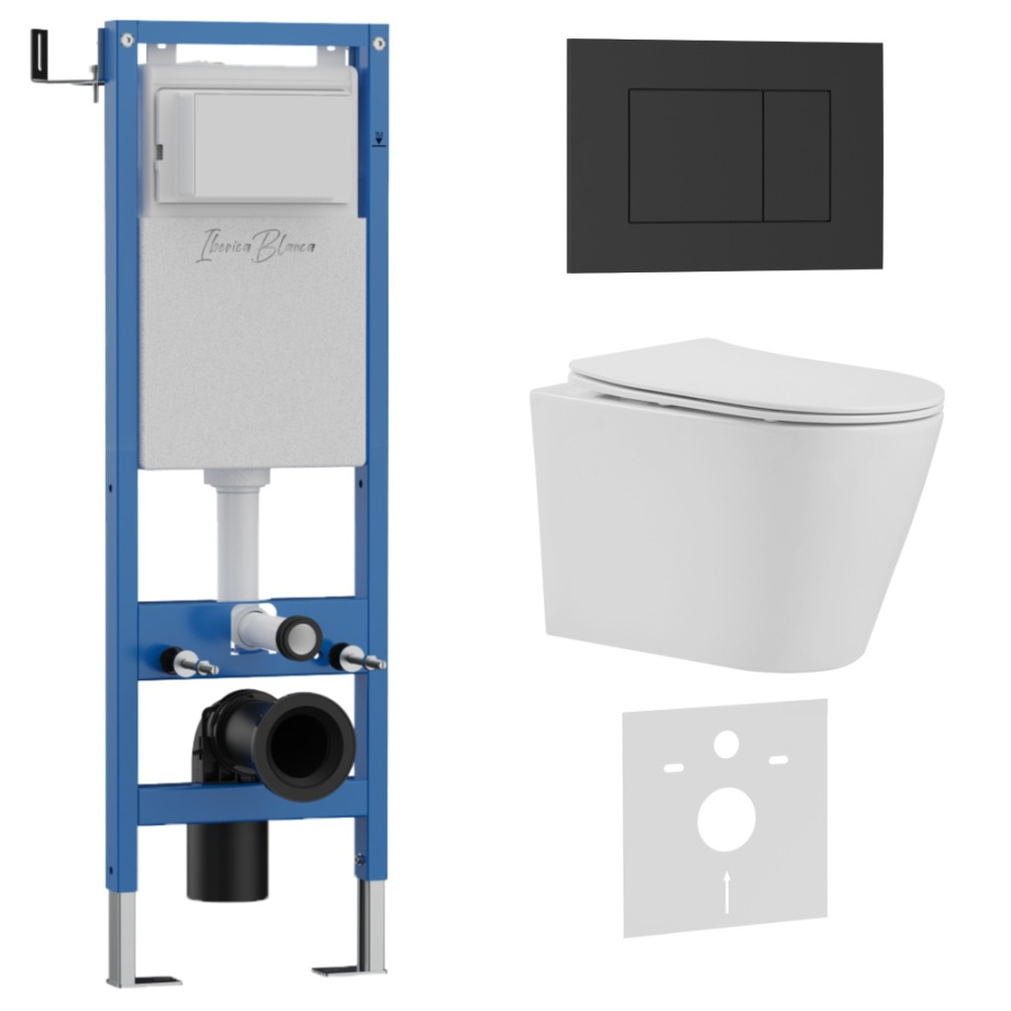 Комплект 3в1 IBERICA BLANCA инсталляция SILENCIO MINI, унитаз BURGOS ALTO белый, кнопка смыва ESTI-S черный матовый (IB.001M.BRA.231.851)