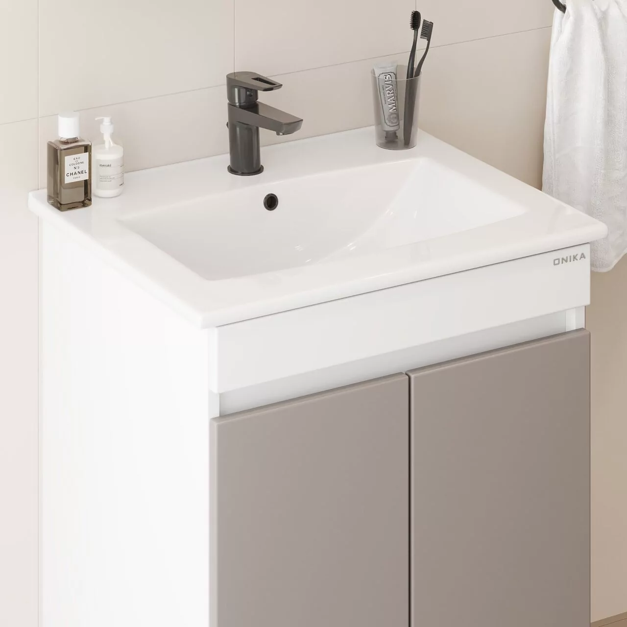 Тумба напольная Onika Марви 60 с раковиной Элина 60, мокко/белый