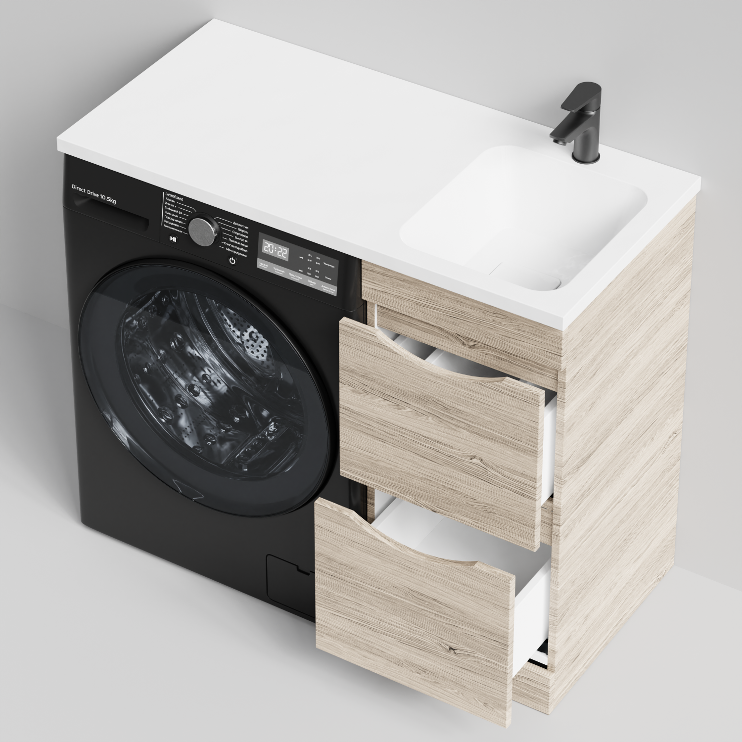 Тумба Vod-ok 38 с раковиной Смайл 100 напольная, под стиральную машину, правая, Дубослив ореховый светлый