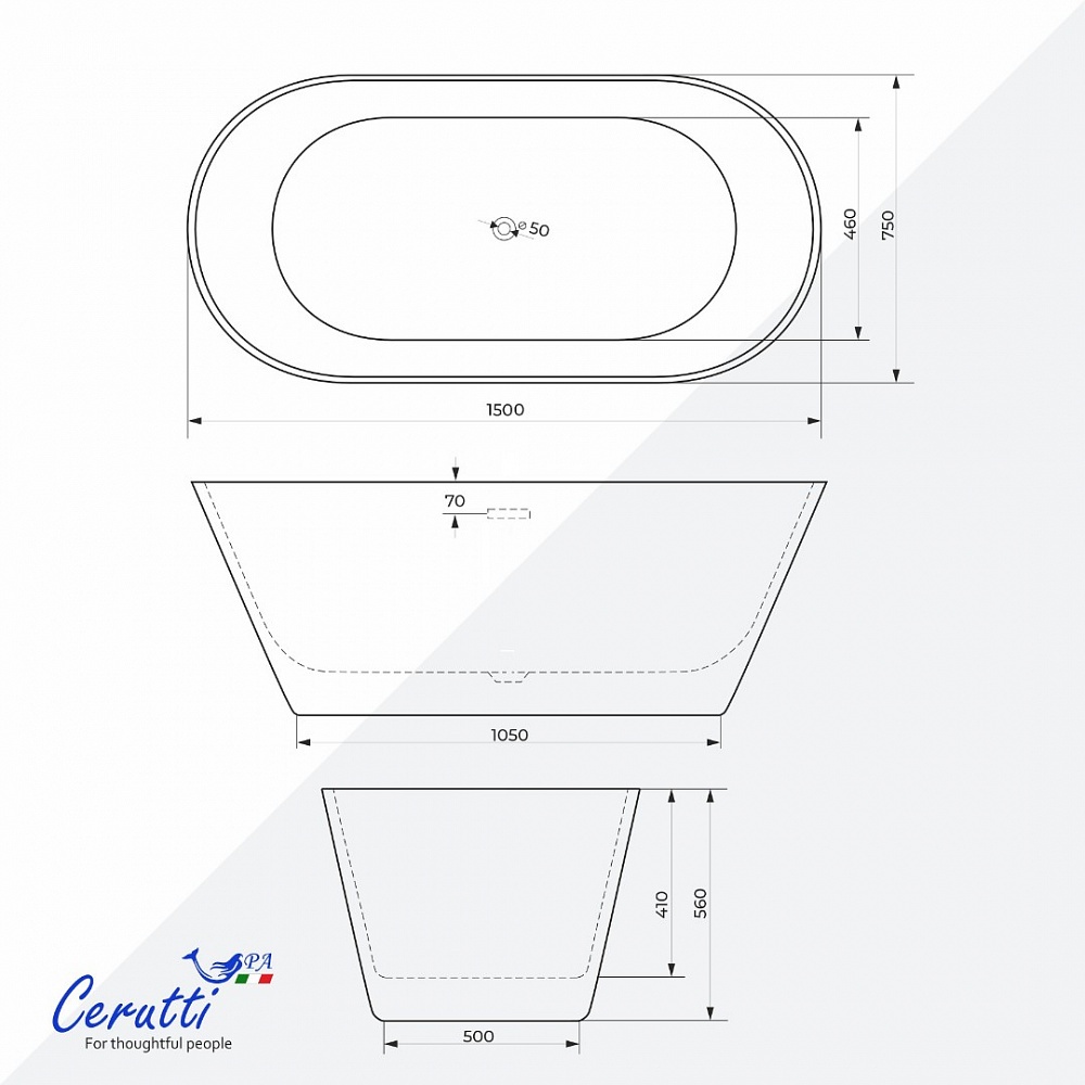 Ванна акриловая Ceruttispa RESIA отдельностоящая, со сливом-переливом, (1500x750x580), белый